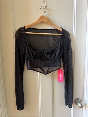 SHEIN Black Sheer Mesh Underwire Long-Sleeve Crop Top